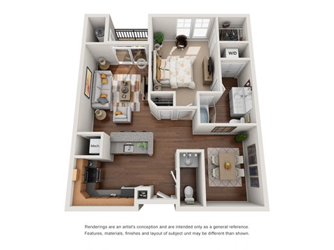Floor plan for 1 bed, 1.5 baths, 806 sqft